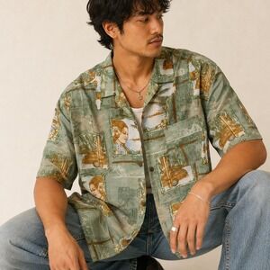 Bermuda Bay Silk Hawaiian Shirt XL Hula Woody Surfboard Tiki Sage Green Resort